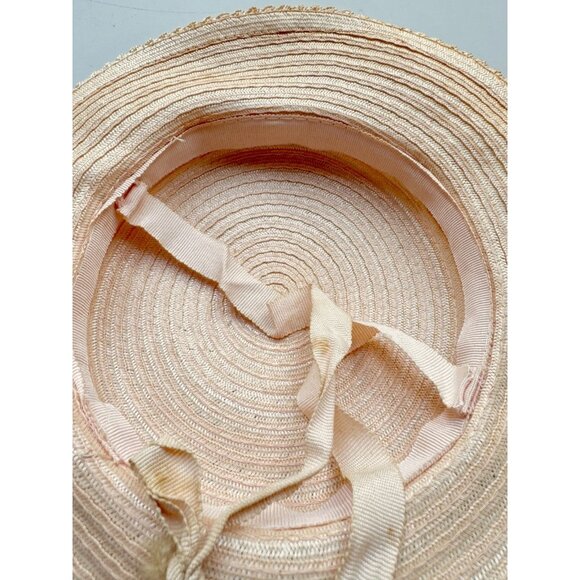 Vintage Pale Peach Pink Staw Faux Floral Grosgrain Ribbon Boater Hat - Picture 13 of 14